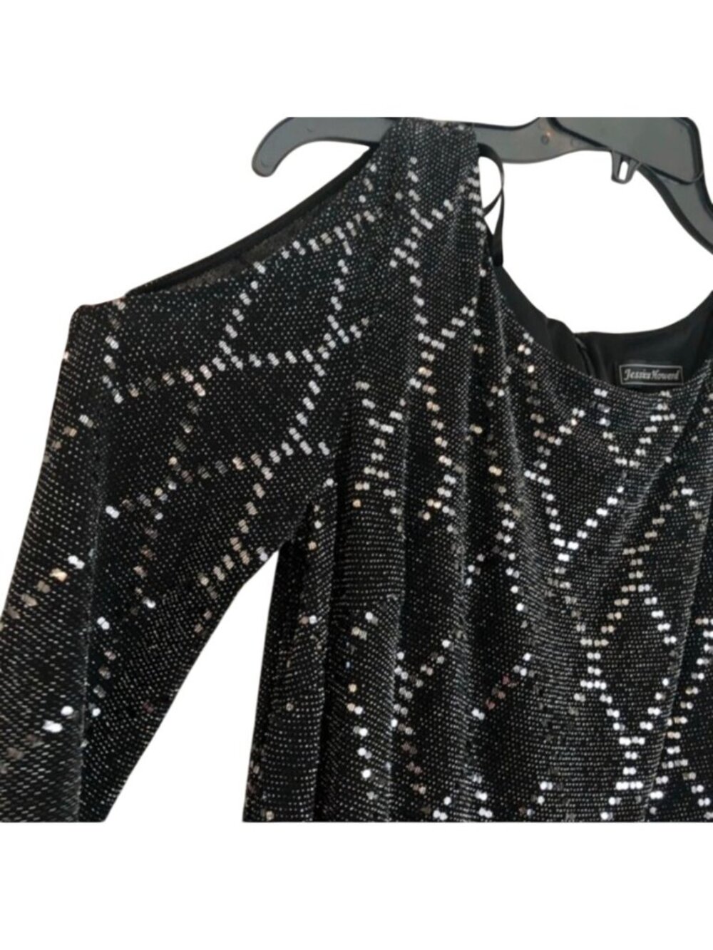 Jessica Howard Cold Shoulder Mini Dress 10 Black Silver Sequin Cocktail Party - Picture 4 of 9